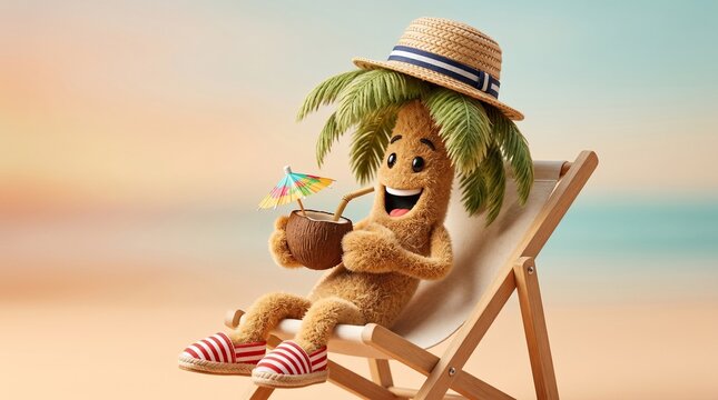 Cheerful anthropomorphic palm tree character relaxing on a beach chair with a tropical coconut cocktail drink against a soft sunset background view