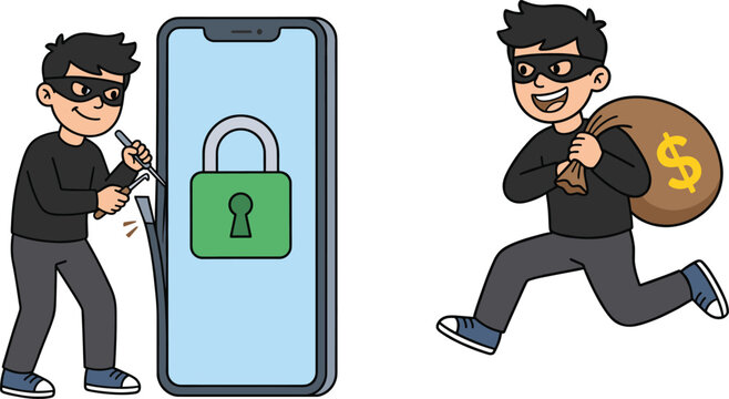 Cartoon hackers breaking into smartphone and stealing money for cybercrime and mobile security risk concept illustration