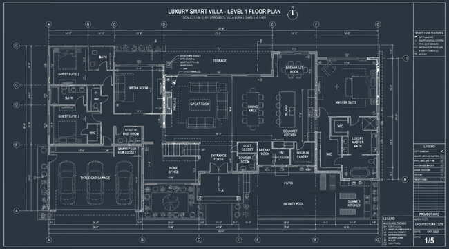 Detailed architectural floor plan of a luxury smart villa, level 1
