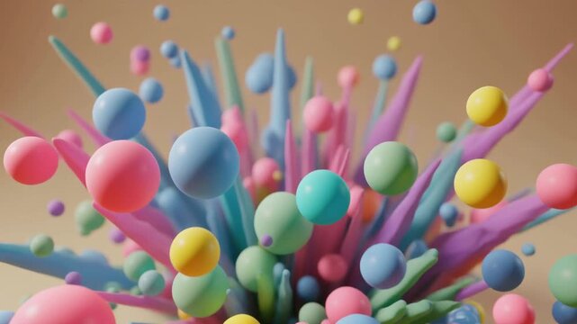 Vibrant spheres explode upward in dynamic motion, pastel and bright tones levitating against beige background, cinematic energy, harmony, abstract storytelling