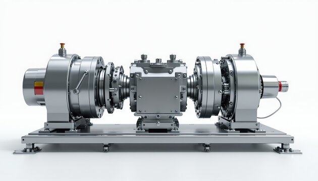 Complex industrial machinery with shiny metallic components and cylinders. Precision engineering for advanced tech or science research. Detailed mechanical device assembly on clean background.