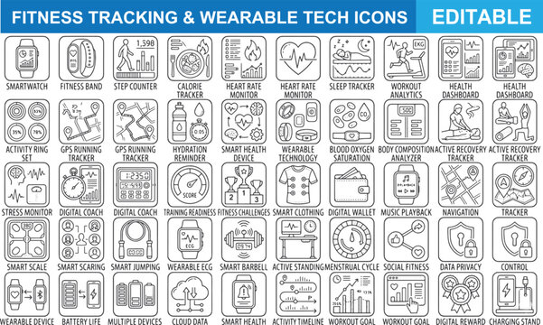 Editable fitness tracking and wearable tech icons set