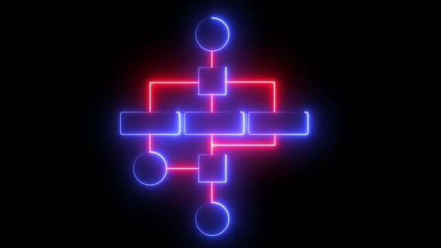 Futuristic neon line flowchart diagram. representing system workflow, data processing, and modern technology architecture. Neon pink digital flowchart animation, Block diagram concept