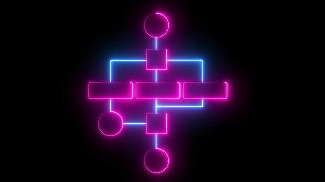 Futuristic neon line flowchart diagram. representing system workflow, data processing, and modern technology architecture. Neon pink digital flowchart animation, Block diagram concept