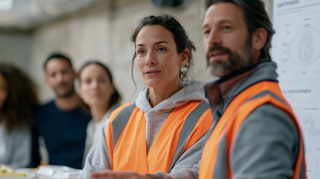Group of warehouse distribution workers in break room gathered around posted habit formation chart, one colleague pointing to neurological loop diagram, lunch containers open,