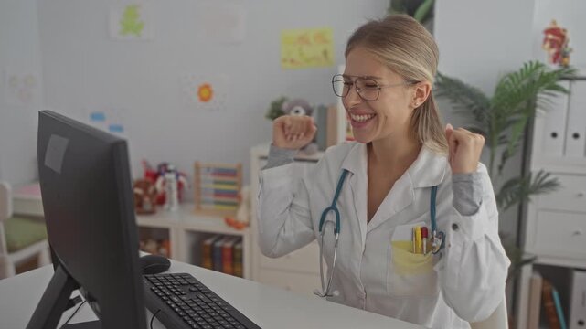 Woman doctor raises fists in celebration at computer in pediatric clinic building; professional triumph joy.