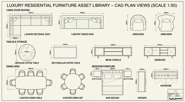 Luxury residential furniture asset library cad plan views with dimensions