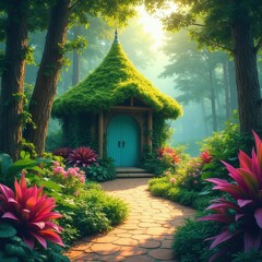 Naklejka premium Magical forest cottage covered in green moss with teal door. Winding stone path leads through vegetation, vibrant pink flowers. Sunlight filters through trees creating enchanted atmosphere in hidden