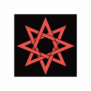 A red nine pointed geometric star on a black background