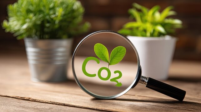 Carbon dioxide CO2 reduction concept with magnifying glass and plants