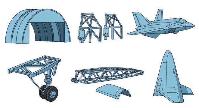 Various types of aircraft and architectural structures.