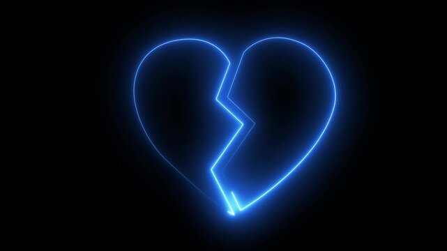Neon broken heart icon animation in 4k animation. Animation icon of a broken red heart. Separated of love, Concept of unrequited love.  bright neon glowing broken heart icon