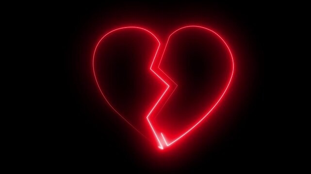 Neon broken heart icon animation in 4k animation. Animation icon of a broken red heart. Separated of love, Concept of unrequited love.  bright neon glowing broken heart icon