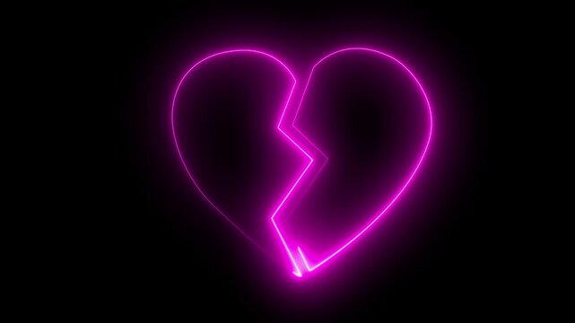 Neon broken heart icon animation in 4k animation. Animation icon of a broken red heart. Separated of love, Concept of unrequited love.  bright neon glowing broken heart icon