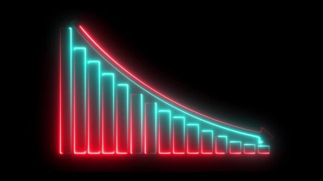 Abstract neon line decreasing business graph chart animation background. Bad Economy Graph Chart, Down business graph icon animation on black background. Loss concept business graph animation. 