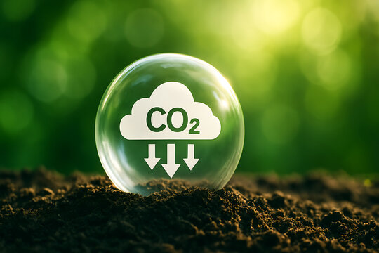 Glass orb on fertile soil displaying carbon dioxide reduction cloud icon