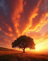 Fototapeta premium Vast open field with tall grass under dramatic fiery sunset clouds. A lone green tree stands against the bright horizon. Golden light bathes the landscape. Sun sets over hills.