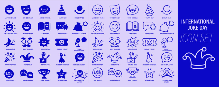 International joke day icon set with comedy mask, funny microphone, prank box and jester hat line icons in monochrome blue style