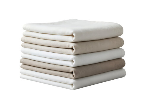 Stack of folded sheets, neutral colored bedding, soft fabrics, home textiles isolated on Transparent Background
