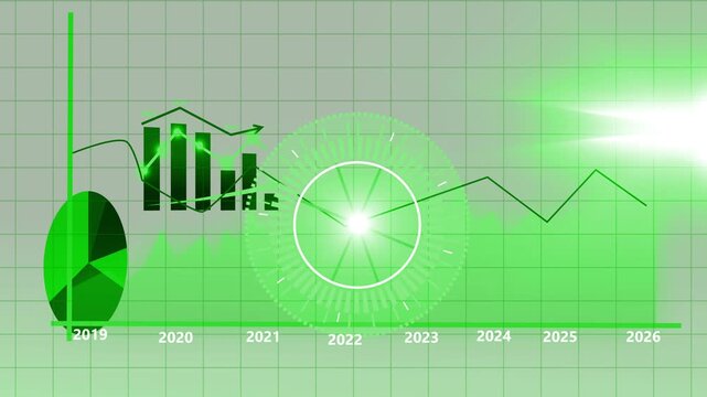 Futuristic business timeline hud animation, Futuristic business chart with timeline 2019&ndash;2026, central circular data HUD, line and area graphs