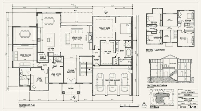 Detailed residential house floor plan with multiple rooms and garage