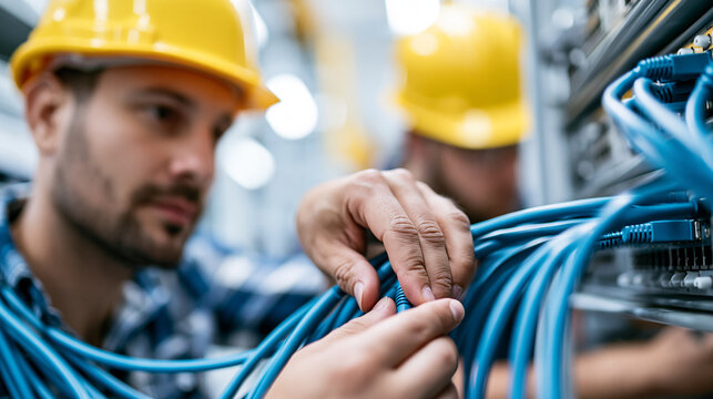 Anonymous workers in hard hats installing servers and connecting network cables in a data center, IT infrastructure deployment and digital systems concept, faceless, defocused,