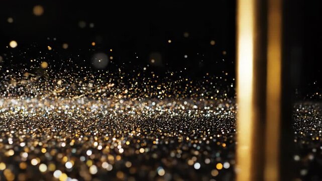 Golden glitter particles shimmer and dance across a dark surface, creating a mesmerizing visual effect with a gradual transition in focus and depth throughout the frames