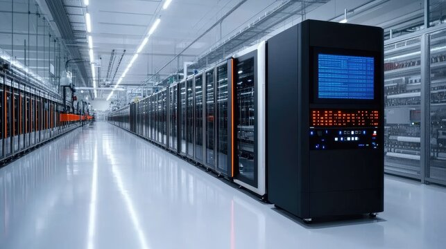 Modern Server Room with Rows of Supercomputer Racks and Data Center Infrastructure