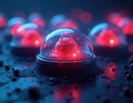 Multiple glass domes cover glowing red objects. These are futuristic bio-tech capsules with internal red light. Many capsules are in background. Scene has dark background and is wet looking surface.