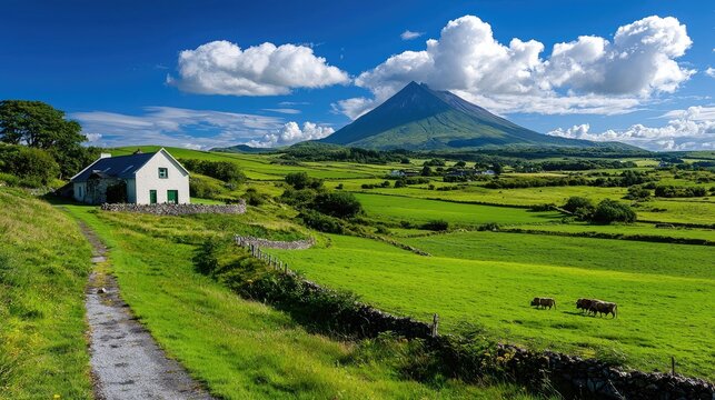Idyllic Rural Irish Countryside with Traditional Cottage and Mount Errigal