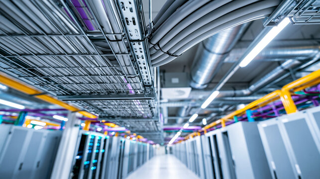 Data center main distribution room with cable tray mesh security duct and HVAC system, organized IT infrastructure and building services concept, defocused, with copy space