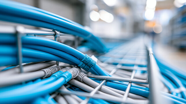 Cable tray system with organized blue and gray wires, structured network infrastructure for data centers and modern communication concept, defocused, with copy space