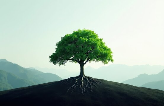 Single tree with lush green leaves stands on dark hill. Exposed roots spread wide across ground. Layered misty mountains form backdrop under pale sky. Peaceful natural scene.