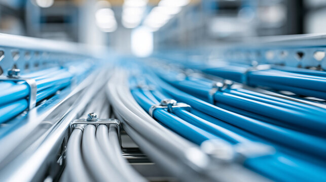 Cable tray system with organized blue and gray wires, structured network infrastructure for data centers and modern communication concept, defocused, with copy space