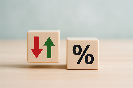Wooden blocks with up and down arrows and percentage sign symbolizing market change