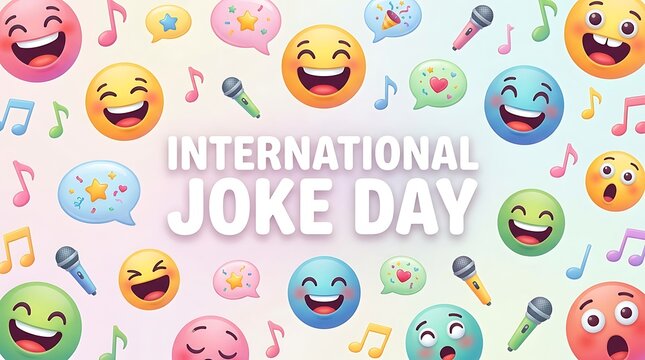 Colorful happy international joke day celebration with emoticons music and speech bubbles design