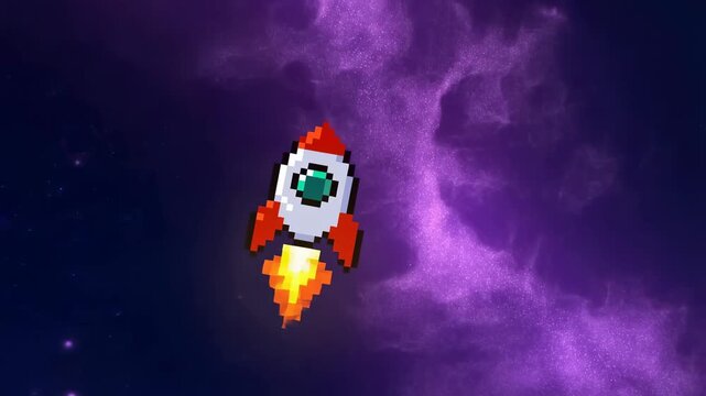Tracking shot of pixel art rocket ascending with fiery thrust through purple nebula background in outer space