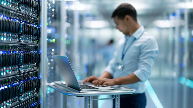 Anonymous IT engineer performing maintenance on server racks in a large modern data center aisle with a laptop cart, infrastructure support concept, faceless, defocused, with copy