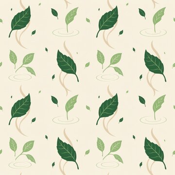 Seamless pattern featuring green tea leaves and soft abstract steam swirls on a light cream background, botanical nature style