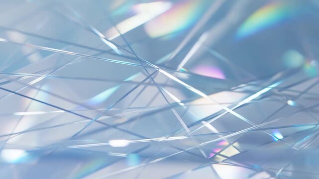 Slow motion panning shot of metallic tinsel strands shimmering and shifting in close up studio set with iridescent reflections and soft blue lighting