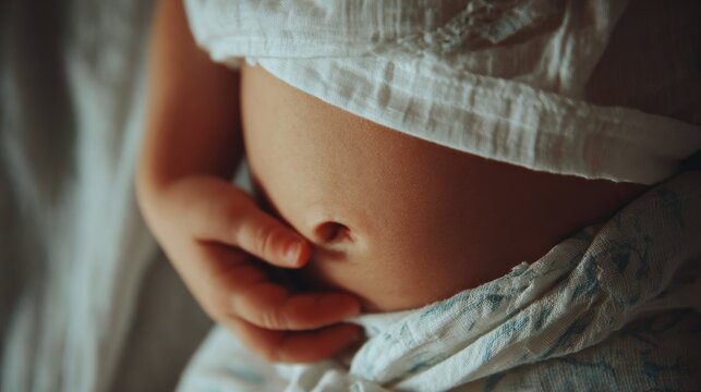 Close up of smooth young skin around a small navel partially covered by soft fabric