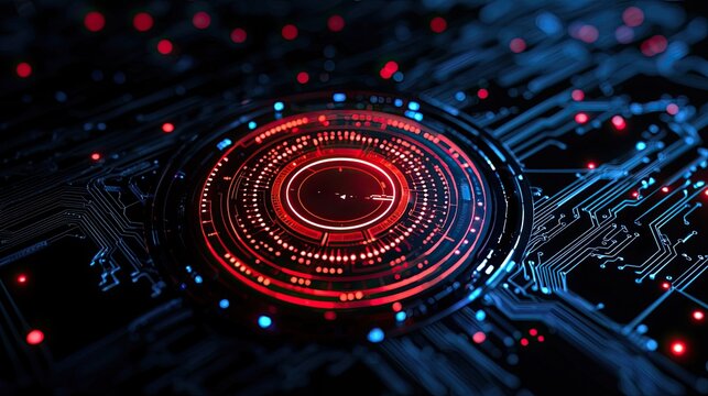 Abstract Cybernetic Circuit Board with Glowing Red Circular Interface