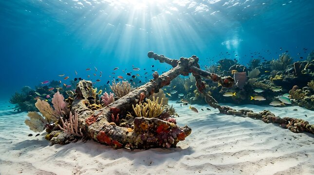 Old rusty anchor on sandy seabed with coral reef and sunrays