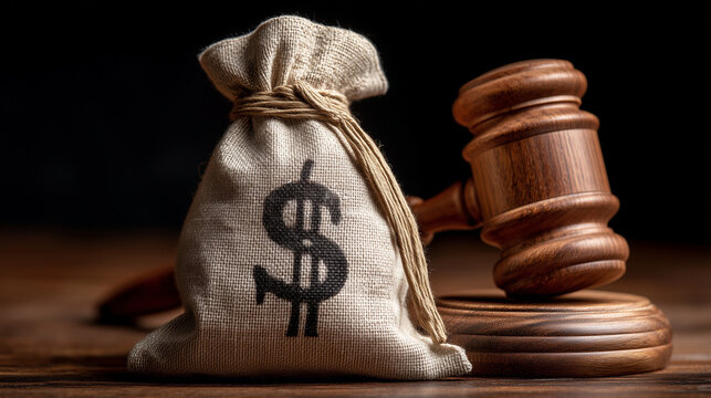 Money bag with dollar symbol beside wooden auction gavel on dark background. Financial law, legal settlement, auction, taxation, fines and business justice concept.