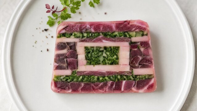 aspic. Sliced terrine on a white plate showing geometric layers of meat and aspic. menu design, packaging mockups, designed for culinary blogs and recipe cards for restaurants.