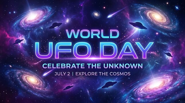 Vibrant world ufo day celebration poster with cosmic galaxies and flying saucers in space