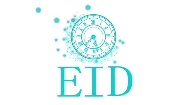 Eid clock logo animation, Clock face with roman numerals and decorative hands above large gold letters EID