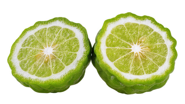Isolated two halves of fresh green bergamot citrus fruit cut lengthwise, vibrant and aromatic