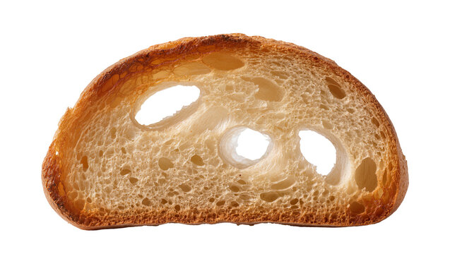 Isolated golden toasted slice of rustic sourdough bread displaying its open crumb structure