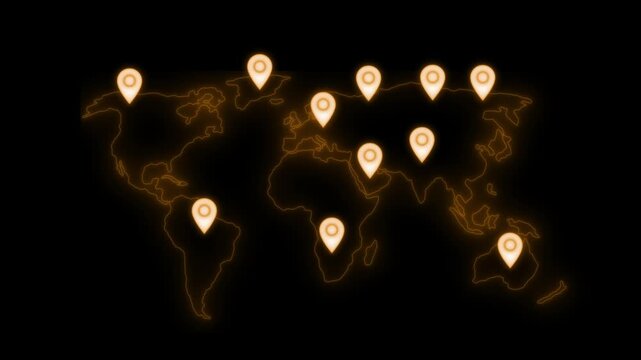 Neon world map with location pins animation on black background